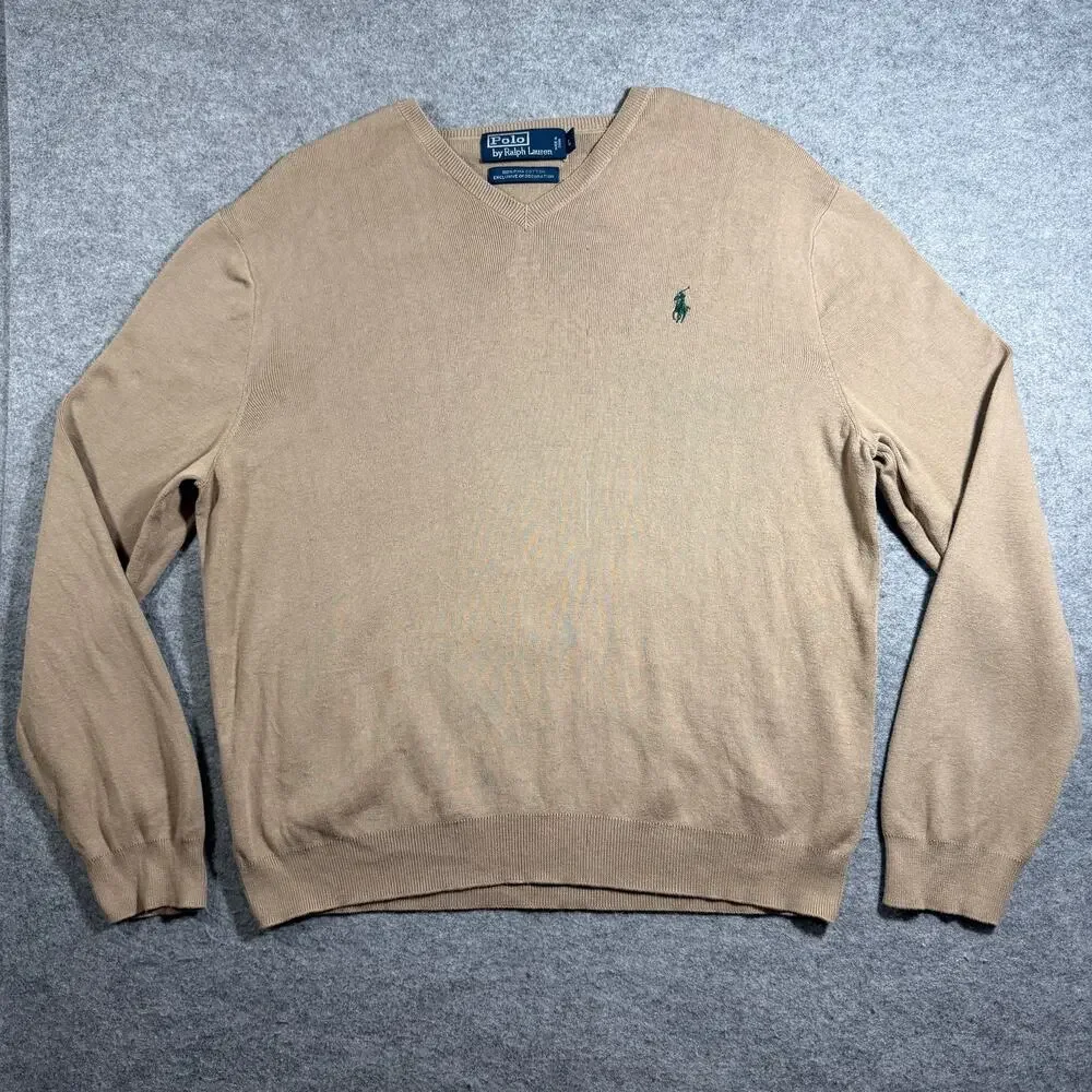 Vintage 90s Polo Ralph Lauren Pima Cotton Sweater Mens L Tan V-Neck Preppy Knit